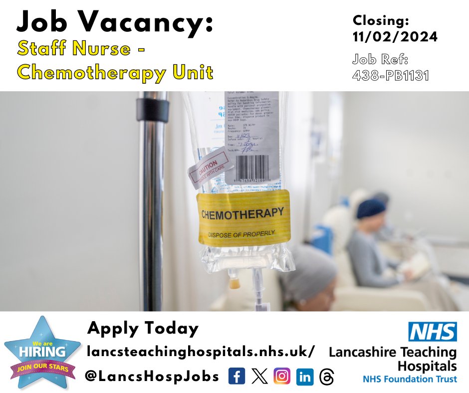 Job Vacancy: Staff Nurse - Chemotherapy Unit <a href="/LancsHospitals/">Chorley & Royal Preston</a> 

⏰Closes: 11/02/2024
Read more and apply: lancsteachinghospitals.nhs.uk/join-our-workf…

#NHS #NHSjobs #Lancashire #LancashireJobs #Oncology #Chemo #Chemotherapy #StaffNurse #Nurse #Band5