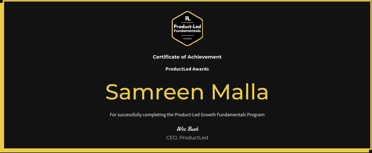 MallaSamreen's tweet photo. Excited to have completed the Product-Led fundamentals certification by @productled. Such a great course, with everything simplified. Love the explanation and examples from @wes_bush. 

You can also get certified on the PLG Fundamentals here; it's Free!!
https://t.co/oF50hDu5ZJ https://t.co/XOwqZtJnug