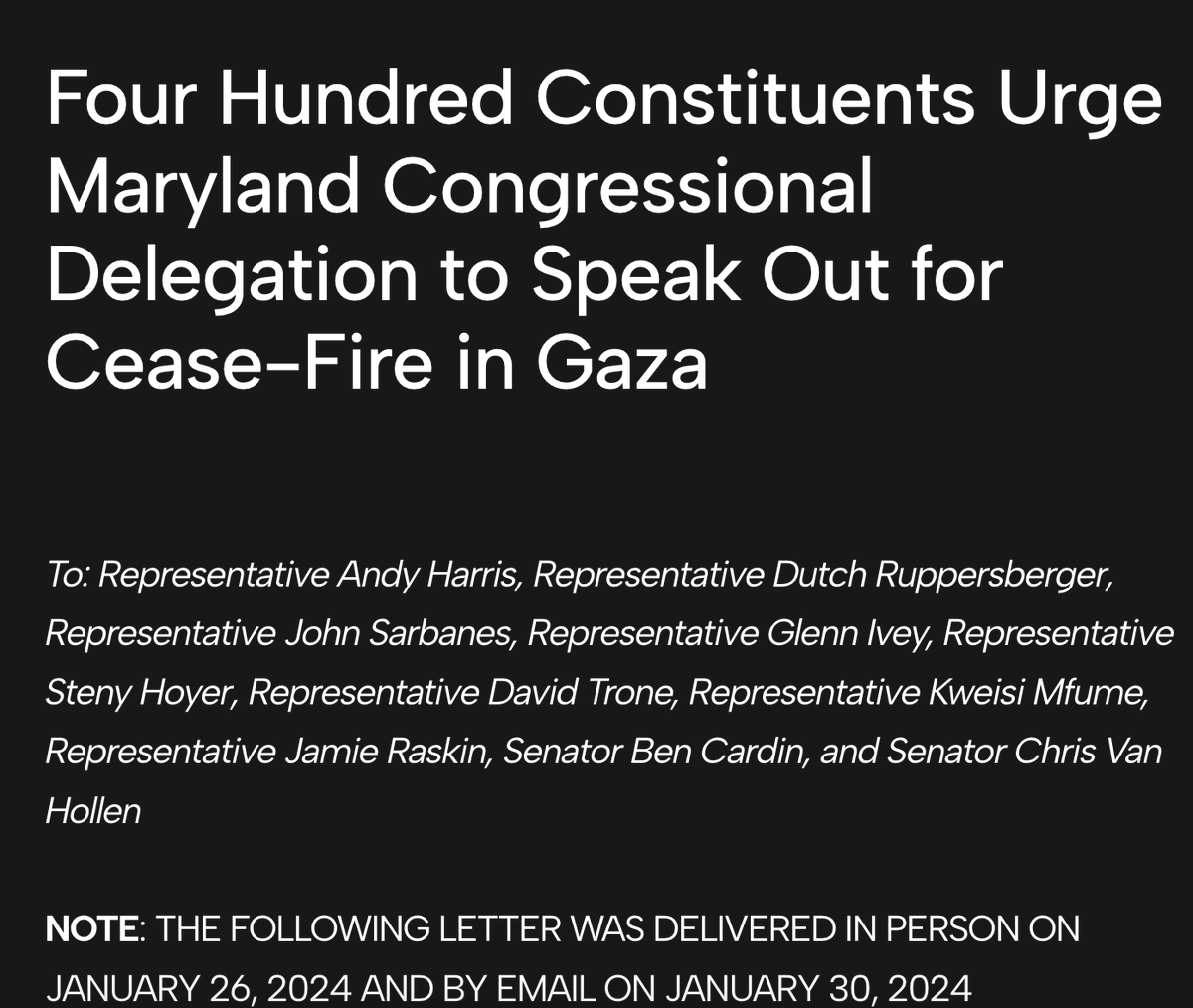 Marylanders urge you: publicly call for a cease-fire & an end to ongoing harms to civilians in Gaza 

@RepAndyHarrisMD  @Call_Me_Dutch @RepSarbanes @RepGlennIvey @RepStenyHoyer @RepDavidTrone @RepKweisiMfume  @RepRaskin @ChrisVanHollen @SenatorCardin

tinyurl.com/MDforceasefire