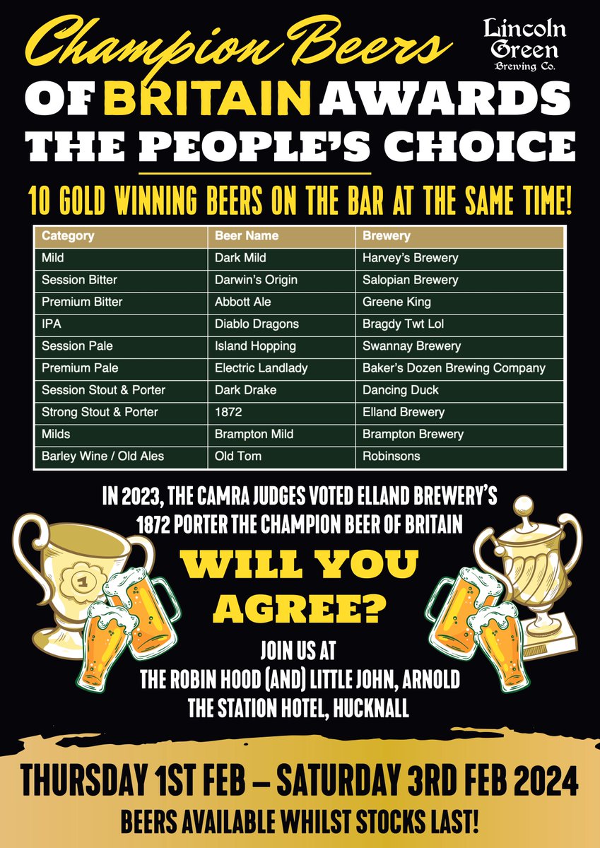 Starting today-'Champion Beer of Britain: The People's Choice' at The Station Hotel, Hucknall and The Robin Hood (AND) Little John in Arnold. All 10 Gold winning beers on the bar at the same time - try them all and vote your favourite!