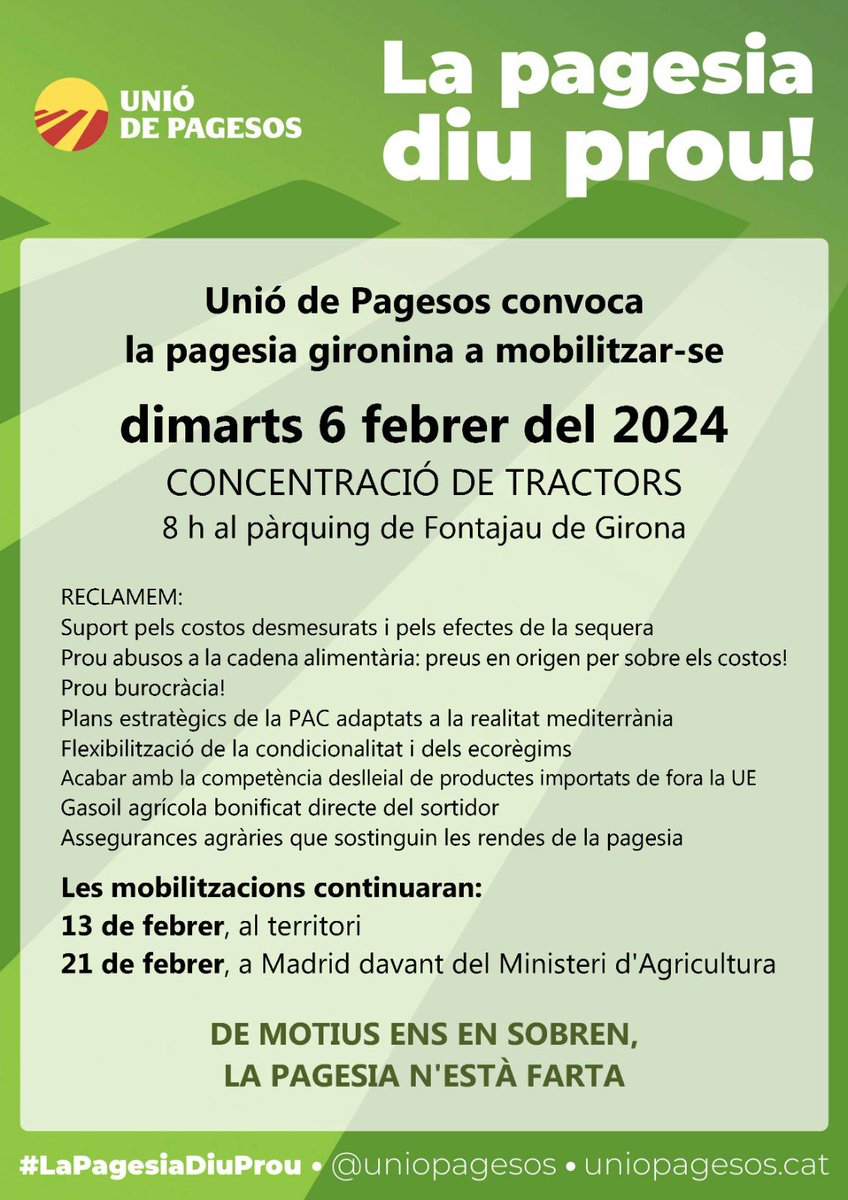 AjBascara's tweet photo. ‼️ ATENCIÓ! MOBILITZACIÓ/TRACTORADA 6 DE FEBRER 2024 🚜

#municipi #bascara #calabuig #lesroques #orriols #fempoble #mobilitzacions #mobilització #tractorada #tractor #tractors #ap7 #uniodepagesos @uniodepagesos #camp https://t.co/J6GEDhoG0B