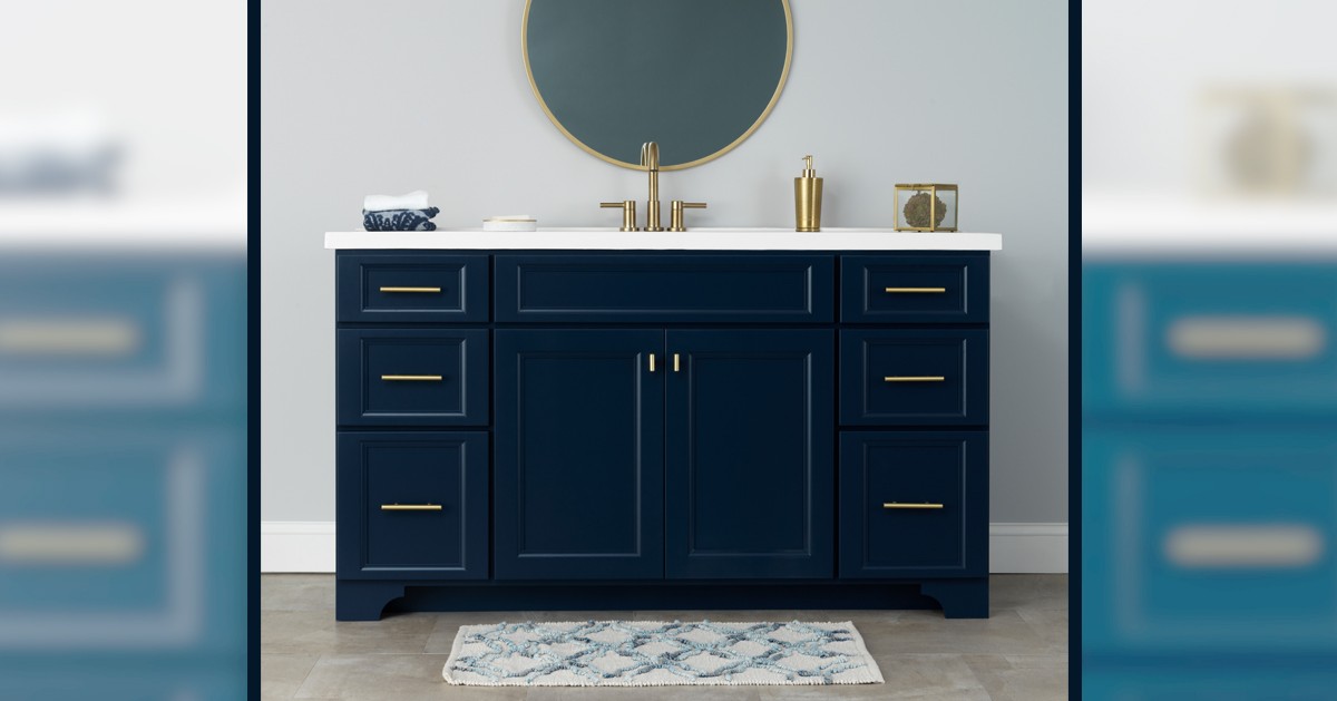 ConestogaWood's tweet photo. Looking to refresh your bathroom? Conestoga’s RTA vanities and finishes are the stylish answer. With plenty of storage and the spot-on color trend of Regent Blue, you’ve got it all in this one! #AdvatnageCabinets #Vanity #RTA #Storage #LoveColor https://t.co/kU4KQDzZLR