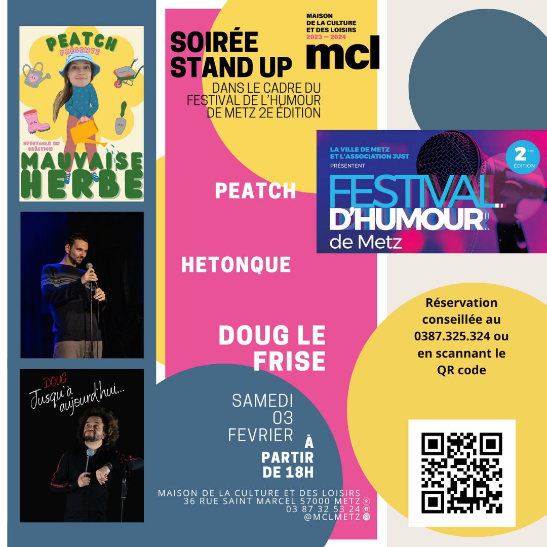 MCLMetz's tweet photo. Soirée Stand up dans le cadre du Festival de l’Humour de Metz 2ème édition
Samedi 03 février 2024 à partir 18h

Infos, tarifs et réservations sur notre site :  https://t.co/1hUwi5VQkY https://t.co/fyXOXUJlFV