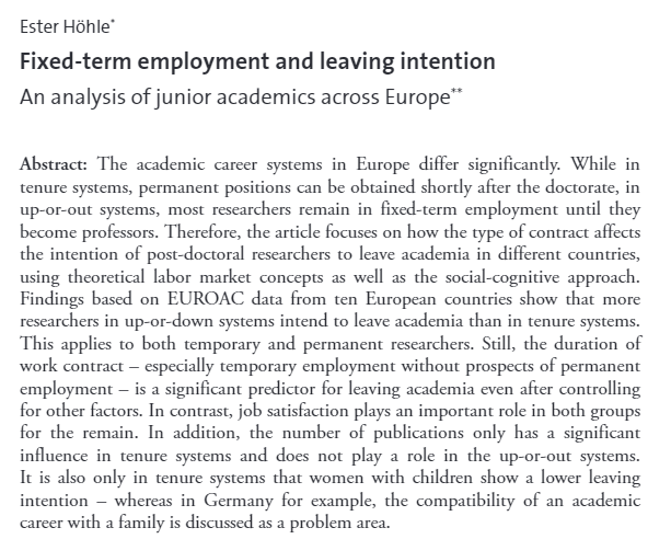 lakens's tweet photo. Interesting insights into intentions to leave academia - the importance of prospects of a permanent job, job satisfaction, and for women with children having tenure all deserve the attention of university management https://t.co/WbM8sLrecx https://t.co/mR4AdsL8P1