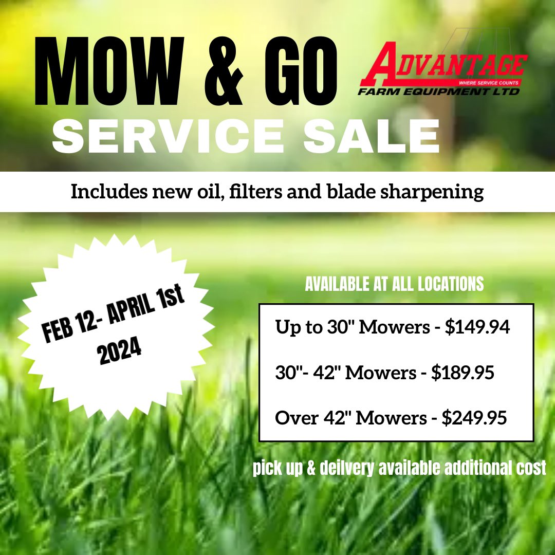 Don’t get caught this spring! Get your lawnmower in for a service early! 🌿 Mow & Go Service Sale! Feb 12- April 1st 2024 Available at all locations Includes new oil, filters and blade sharpening Pick up and delivery available at additional costs Contact us today!