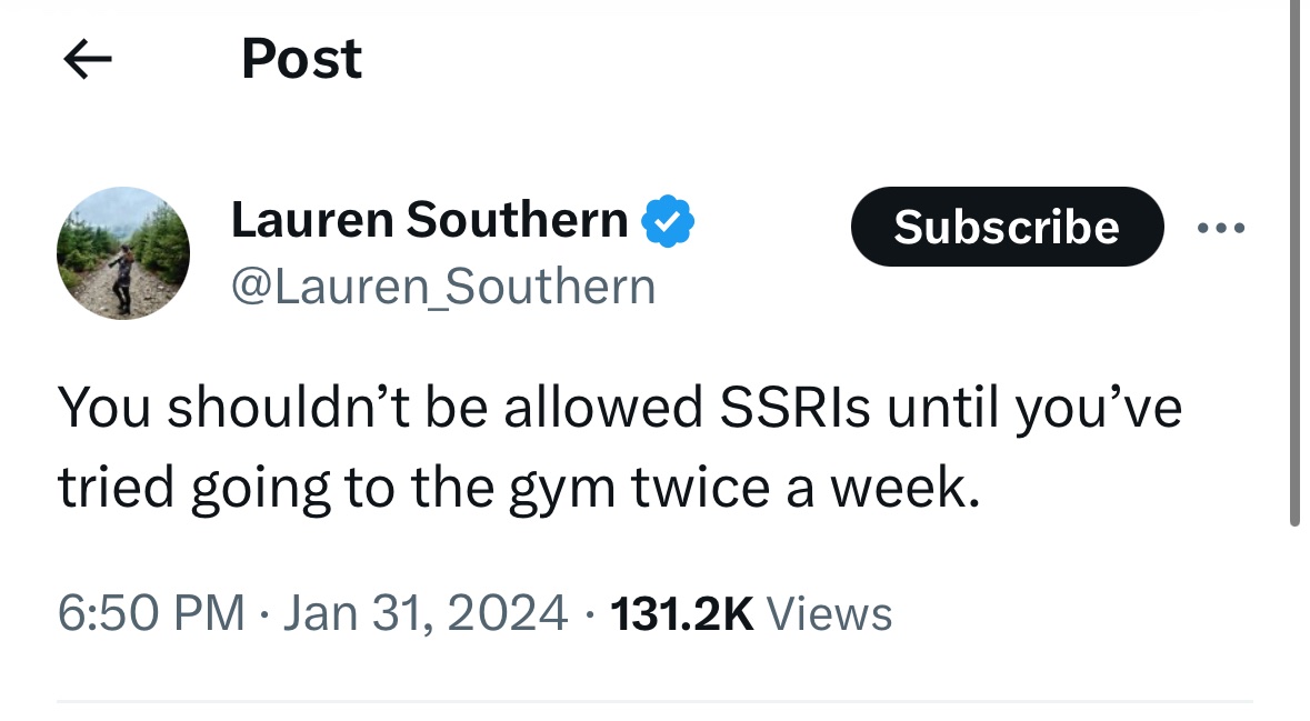 👋🏻 Psychiatrist w/ additional training in lifestyle interventions for mental health here

This comment is just wrong. Exercise can be a great tool. But, it’s just that -one tool. Sometimes it’s insufficient. Sometimes, for various reasons, it’s not a good place to start.