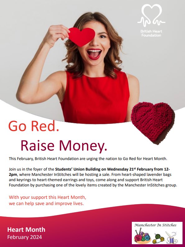 Who doesn’t love a handmade item?Manchester InStitches Group <a href="/fmccdancer/">Diane (working out how to close this a/c)</a> are holding a stall to celebrate Heart Month for <a href="/TheBHF/">British Heart Foundation</a> on Wednesday 21st Feb 🙌🏻 More info below… 🪡🧵🧶❤️