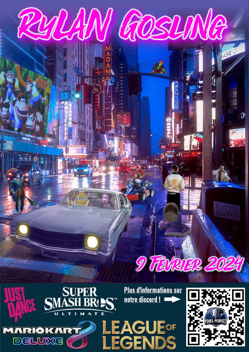PixelPerfect_CY's tweet photo. Pixel Perfect vous présente sa nouvelle LAN : la RyLAN Gosling.  La LAN aura lieu le 9 février CY Tech Cergy à partir de 20h ! Le tournoi LoL est déjà plein mais vous pouvez toujours rejoindre le tournoi smash avec le startgg en lien en réponse à ce tweet. À bientôt en LAN ! https://t.co/gTVnfIXLtt