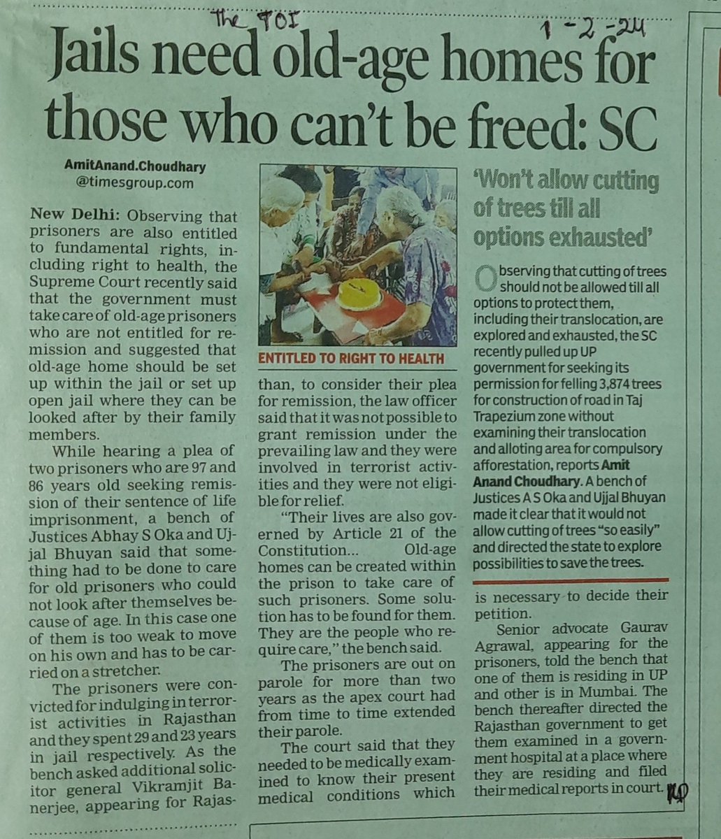 karpurika's tweet photo. AmitAnand.Choudhary ji of the TOI writes: "Jails need old-age homes for those who can't be freed: SC".
Also the Govt of India should take the necessary actions for establishing the old-age homes in every districts of all the states and UTs of India.
@PMOIndia 
@CMO_Odisha https://t.co/8uOguueIAK
