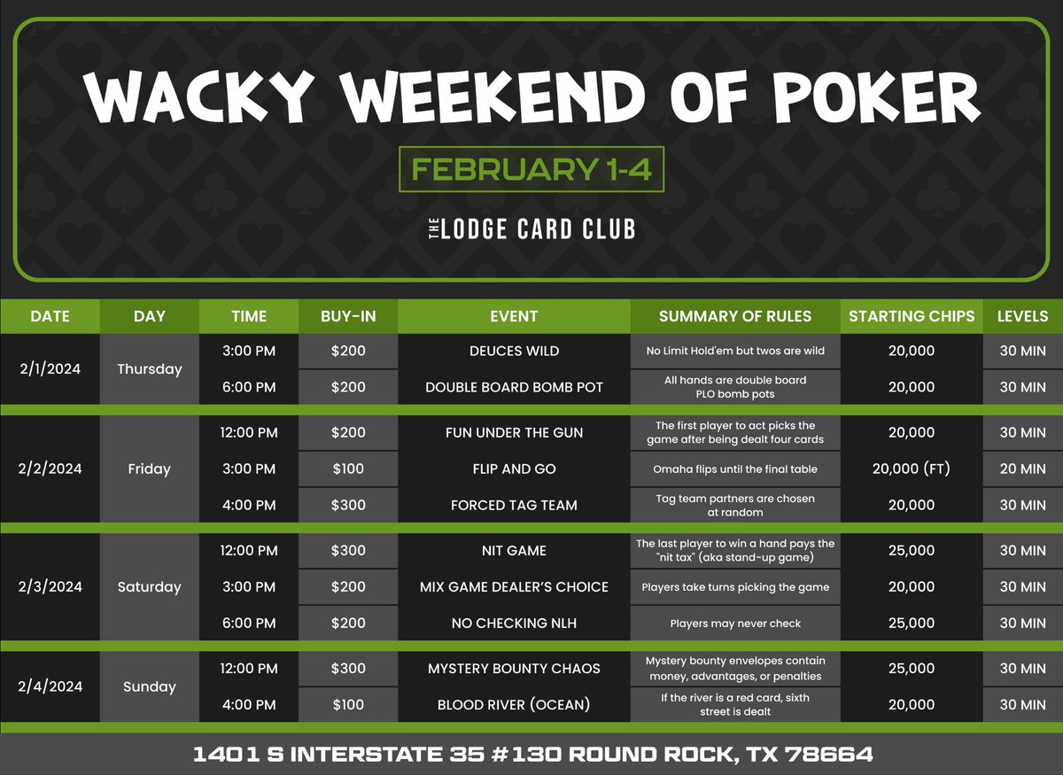LodgePokerClub's tweet photo. THE WACKY WEEKEND IS FINALLY HERE!!!

It kicks off today with the $200 Deuces Wild Tournament at 3:00 and the $200 Double Board Bomb Pot Tournament at 6:00! https://t.co/PGKLiZf0zZ