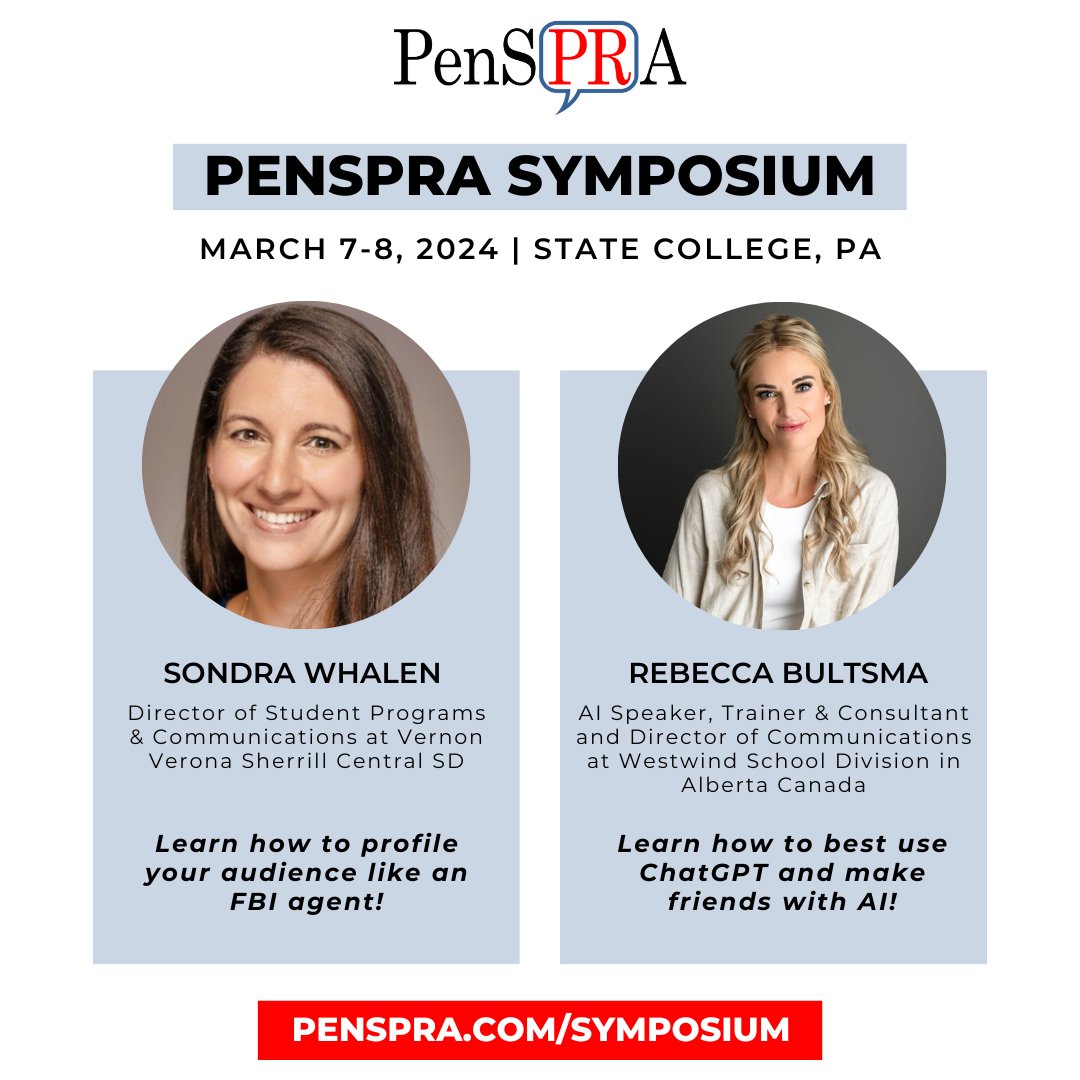 Have you registered for our annual Symposium yet?! We have an exciting lineup of speakers and topics! Learn more about our keynote speakers, Sondra Whalen and @rebeccabultsma at penspra.com/symposium We hope to see you there! #schoolpr #pensprasymposium #penspra