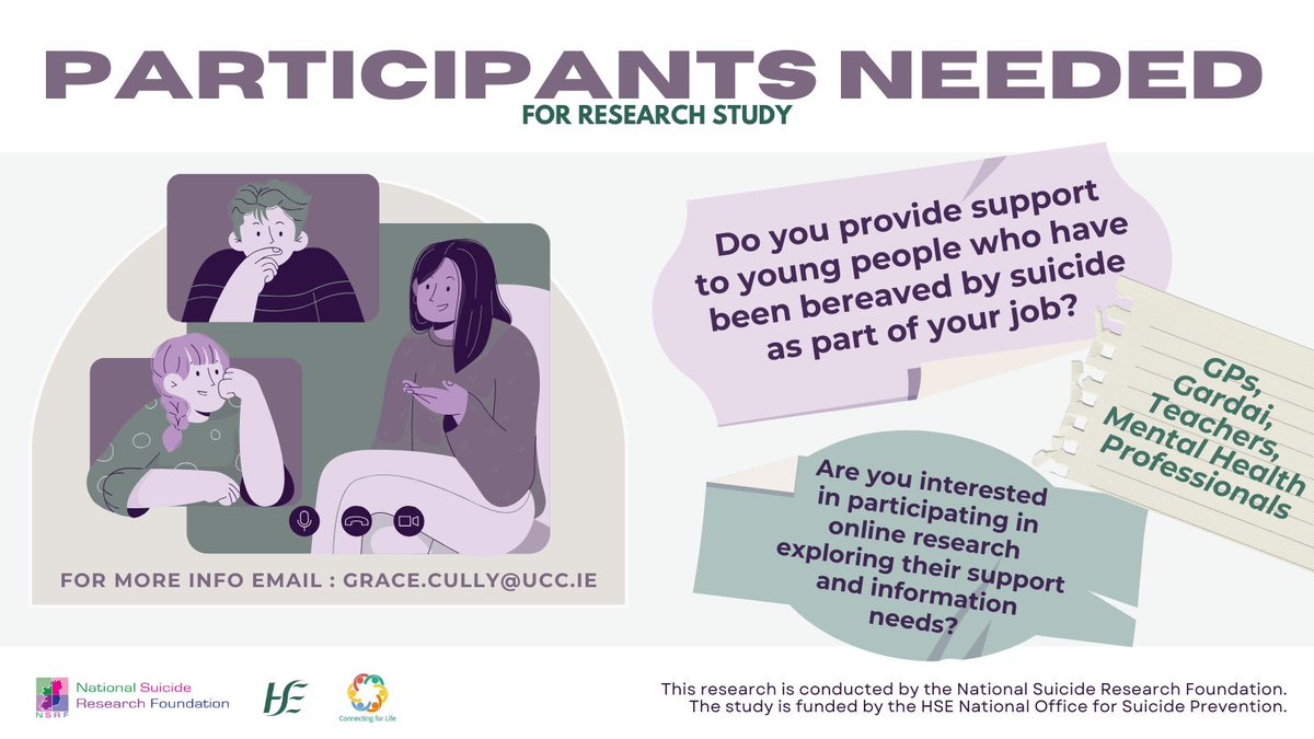 We’re recruiting professionals who provide support to young people who have been bereaved by suicide

Aims:
▶️Understand support &amp; information needs 
▶️Identify barriers &amp; facilitators to accessing supports

Interested in participating: tinyurl.com/ww5acj39

#ConnectingforLife