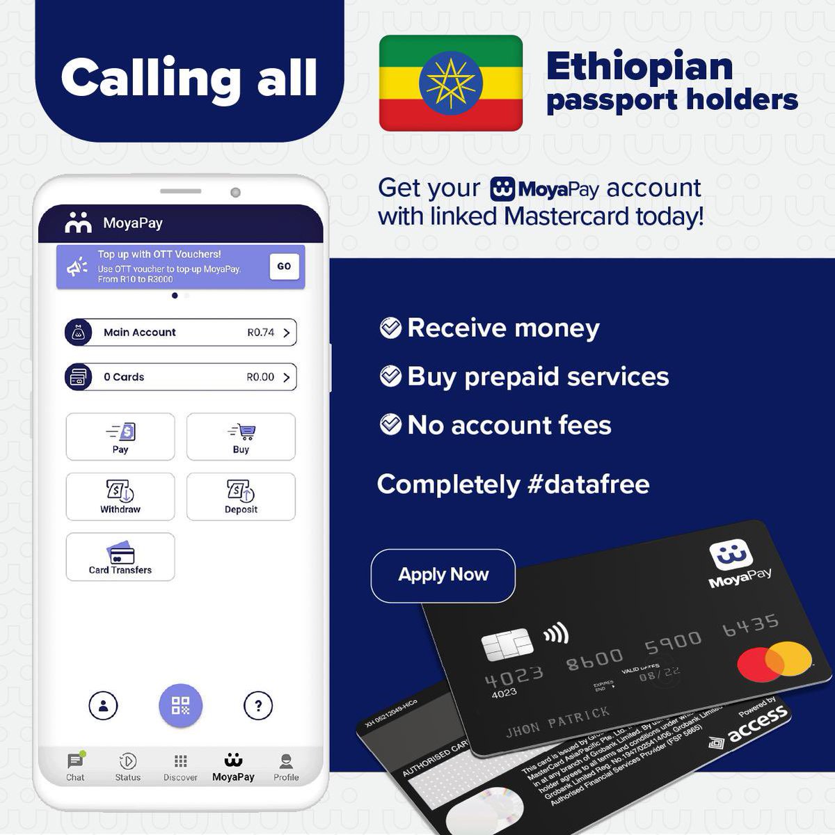Moya_App's tweet photo. 🔊To our fellow Ethiopian passport holders🇪🇹
Ethiopian passport holders living in South Africa, can apply for a MoyaPay account, giving you access to banking features, prepaid services &amp; send money home! 

 #datafree 
#MoyaPay #ethiopia🇪🇹 #ethiopianinsouthafrica #online https://t.co/0EAwTWAd0H