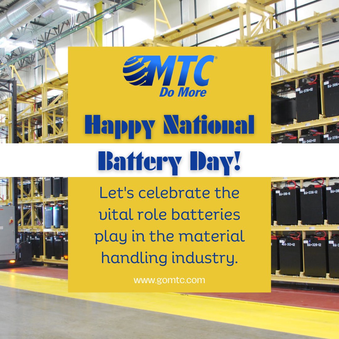 Happy National Battery Day! 🔋Let's celebrate the vital role batteries play in the material handling industry. From lithium-ion to lead-acid, these power sources keep our machines running smoothly.

#NationalBatteryDay #MaterialHandling #MTCDoMore #BatteryHandling #efficiency