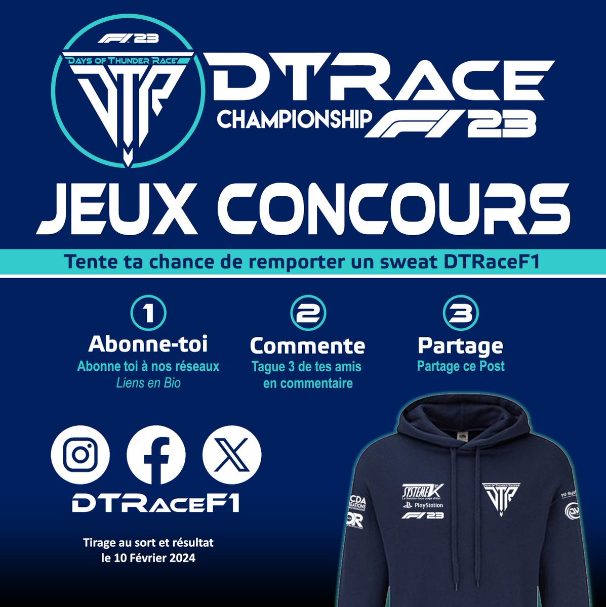 DTRaceF1's tweet photo. Tentez de remportez un SWEAT à capuche de la DTRaceF1
Pour participer :
- 1/ Abonnez vous à notre page
- 2/Taguez 2 amis en commentaire
- 3/Partagez
Multipliez vos chances de gagner avec nos autres réseaux
Il n'y aura qu'un seul grand gagnant révélé en direct 
#f123 #f123game https://t.co/qUQw3PKBtC