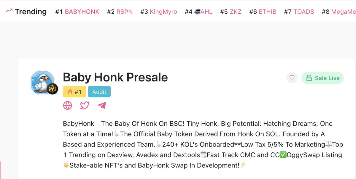 Presale is live for all NFT Holders. It will end at 16:00 UTC.🔥Only 80.5 BNB will be raised!

😊: pinksale.finance/launchpad/0x92…

#BABYHONK #HONK #BSC