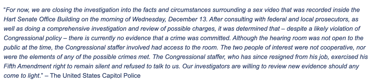 JakeSherman's tweet image. USCP says they will not charge anyone in the sex video incident in a Senate hearing room.