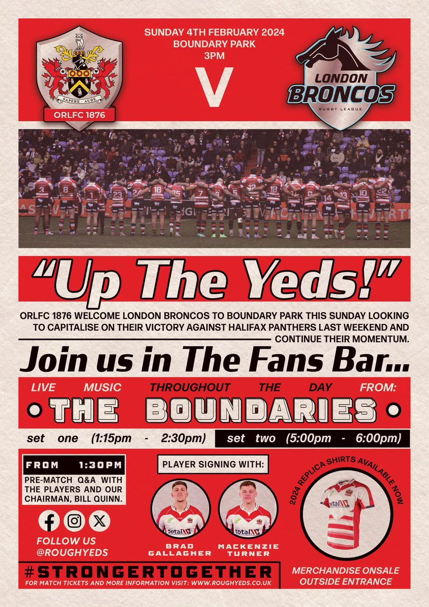 Oldham Hour (@oldham_hour) on Twitter photo #OldhamHour
Can we help <a href="/Roughyeds/">Oldham RLFC</a> spread the word?
🏟️ Boundary Park
📆 Sunday 4 Feb
🕒 3pm kick off
🎟️ £16 adults, £12 conc, under-16 FREE
#SupportOldham
<a href="/MickBraddy/">SportingImage Braddy</a> <a href="/Behindthepumps/">Michelle Riley 🍻</a> <a href="/actyres/">A-C Tyres</a> <a href="/RLBarrieMc10/">Barrie McDermott 🏉</a> <a href="/PScully13/">Paul Sculthorpe MBE🎗️</a> <a href="/whittakerdesig1/">WHITTAKER DESIGN</a> <a href="/SaddRangers/">Saddleworth Rangers</a> <a href="/WaterheadARLFC/">Waterhead Warriors</a> <a href="/OllyRuss6/">OliverRussell🤟🏻</a> #OldhamHour
Can we help <a href="/Roughyeds/">Oldham RLFC</a> spread the word?
🏟️ Boundary Park
📆 Sunday 4 Feb
🕒 3pm kick off
🎟️ £16 adults, £12 conc, under-16 FREE
#SupportOldham
<a href="/MickBraddy/">SportingImage Braddy</a> <a href="/Behindthepumps/">Michelle Riley 🍻</a> <a href="/actyres/">A-C Tyres</a> <a href="/RLBarrieMc10/">Barrie McDermott 🏉</a> <a href="/PScully13/">Paul Sculthorpe MBE🎗️</a> <a href="/whittakerdesig1/">WHITTAKER DESIGN</a> <a href="/SaddRangers/">Saddleworth Rangers</a> <a href="/WaterheadARLFC/">Waterhead Warriors</a> <a href="/OllyRuss6/">OliverRussell🤟🏻</a>