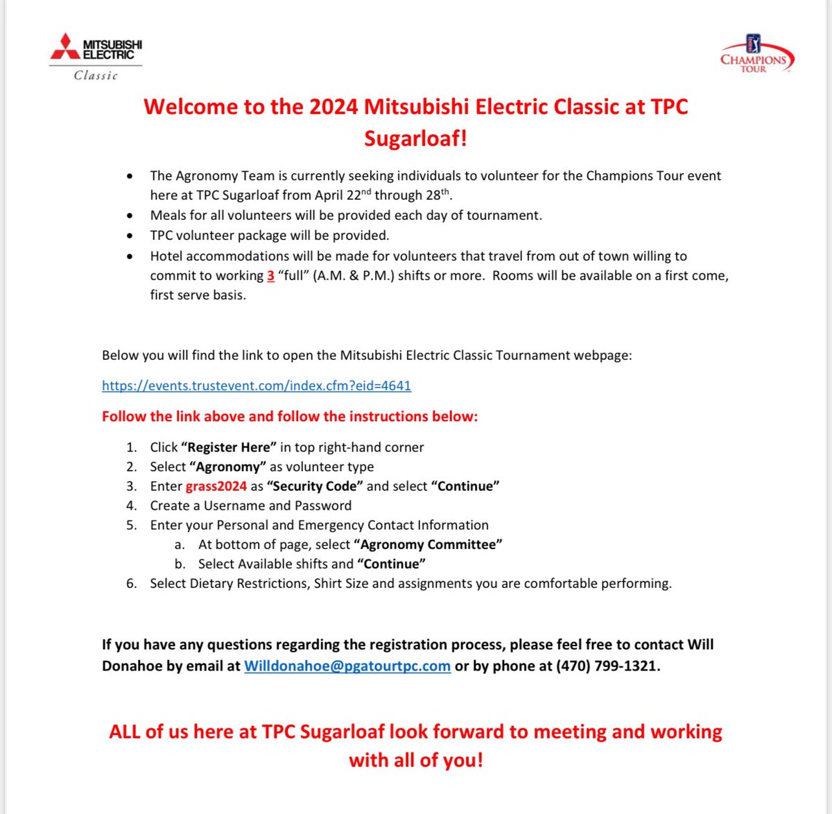 Registration is open to volunteer with the Agronomy Team at TPC Sugarloaf for the 2024 Mitsubishi Electric Classic! See below for details on how to register! #MEClassic #Agronomy