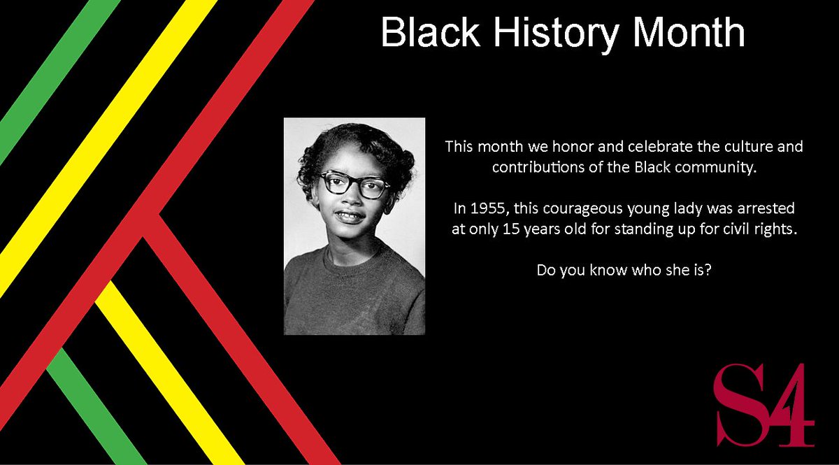 s4inc's tweet photo. Today kicks off #BlackHistoryMonth. Allow us to introduce an amazing young lady who went to jail for civil rights at only 15 years old! It's not who you may think...learn about Claudette Colvin's role in the civil rights movement here https://t.co/7JZppLgMBX #S4Inc https://t.co/oSVog3G3lP