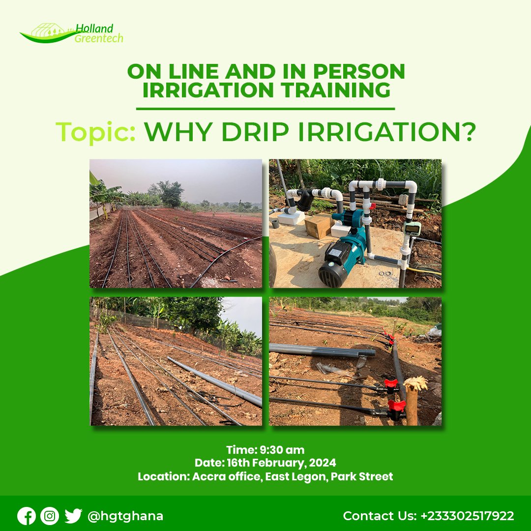 Join us on Feb 16, 2024, for our Online & In-person Drip Irrigation Training. Topic: Why Drip Irrigation ? Click the link in below or call 233 302517922 / 233 550558317 to register. forms.gle/g6Jkg6DFrLVjFY… Let's cultivate a smarter future! #DripIrrigation #SmartFarming