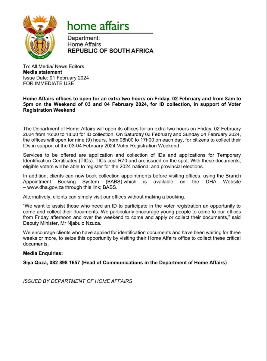 [Statement] Home Affairs offices to open for an extra two hours on Friday, 02 February and from 8am to 5pm on the weekend of 03 and 04 February 2024, for #CollectYourID in support of #VoterRegistrationWeekend @GCISMedia