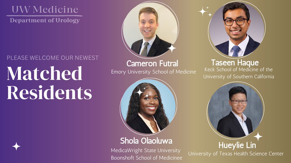 Congratulations to our newest matched members of @UwUroResidents ! We are thrilled to welcome @SholaOlaoluwaa , @haqueward , Hueylie Lin and Cameron Futral to @UWMedicine