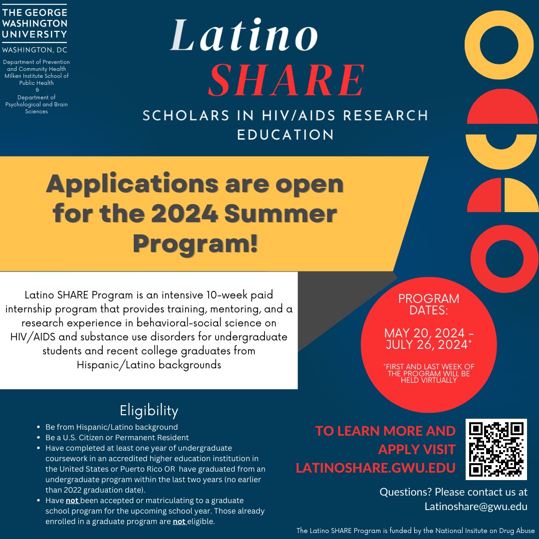🔊 Spread the word! Summer Research Program for undergraduate and post-bacc Latinxs interested in HIV research. Opportunities include community-based research with Latino communities. For more info: latinoshare.gwu.edu #Intership #Mentorship #SummerProgram