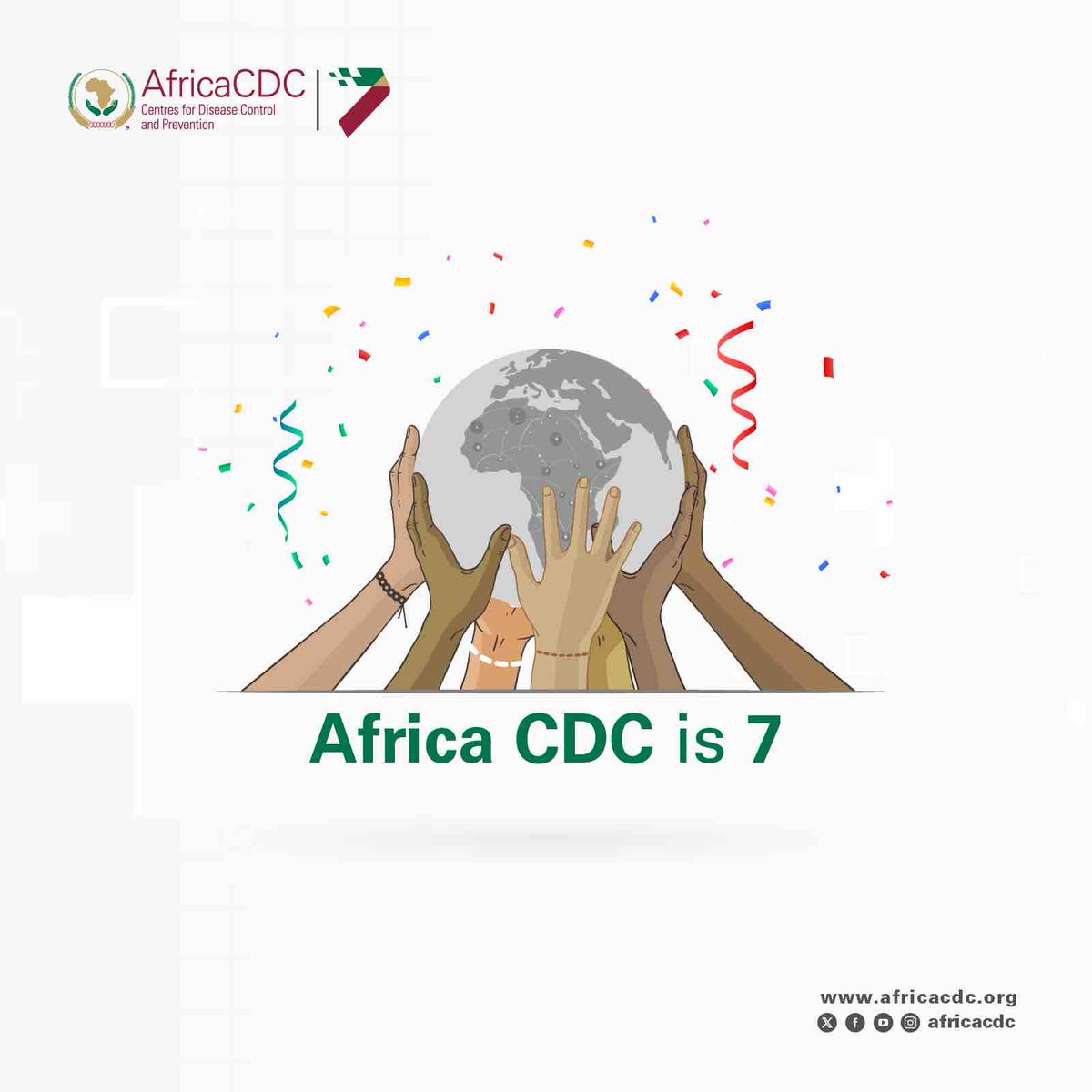 AfricaCDC's tweet photo. 🎉Our 7th year anniversary marks a significant milestone for Africa CDC and our continent!
At Africa CDC, we will continue to celebrate this milestone with vigor and strong ambitions for our Africa! Be Part of this ambition! 
#SafeGuardingAfrica'sHealth
#AfricaCDCis7 https://t.co/q5HG5RNeUk
