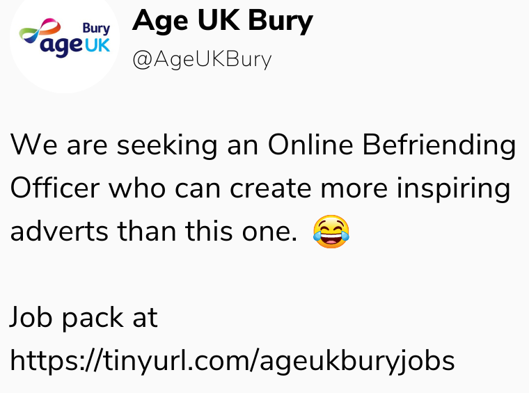AgeUKBury's tweet photo. As you can see, we need someone to develop our presence on social media!

For more details, go to https://t.co/h5f75inUJZ https://t.co/yX3N6Dy6C3