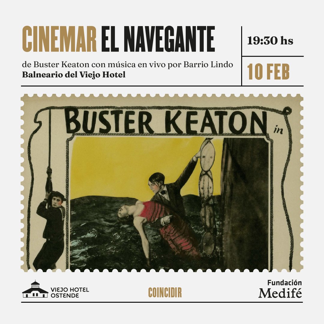 El Sábado 10, 19:30 hs vuelve #Cinemar con “El navegante” de #BusterKeaton, con musicalización en vivo por #BarrioLindo
Balneario del Viejo Hotel
(Juan de Garay y Rambla Sud)
Abierto al público

➽ Actividad en el marco de “coincidir” con <a href="/FundacionMedife/">Fundación Medifé</a>