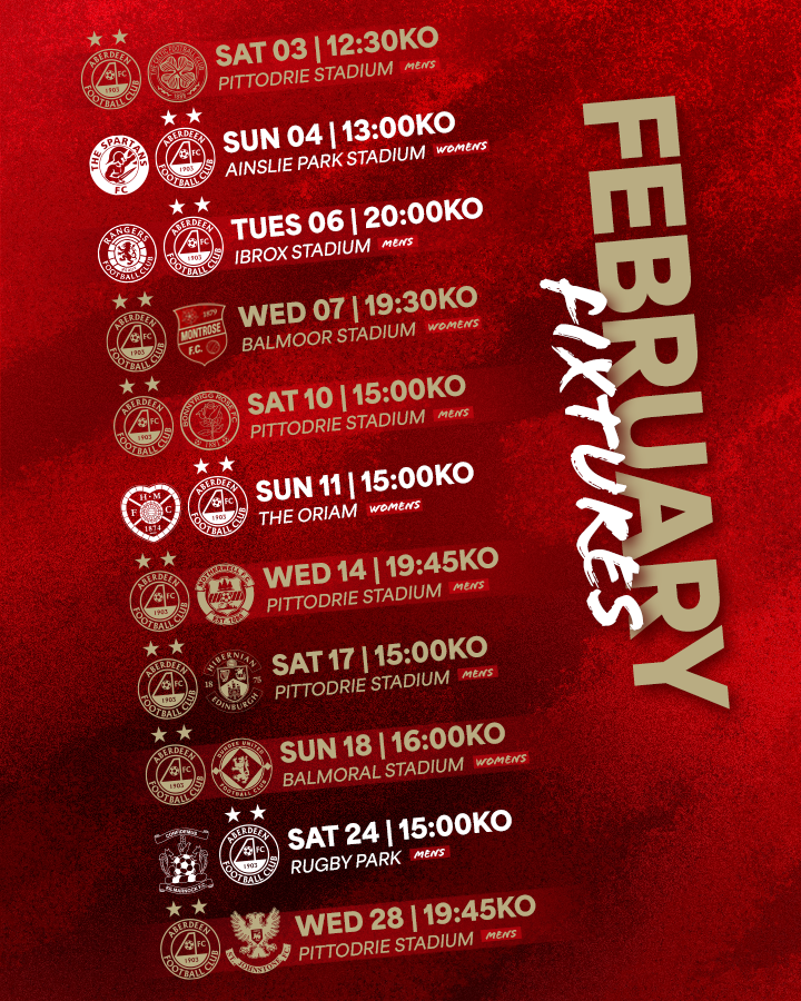 AberdeenFC's tweet photo. February fixtures for the Dons 🗓️

#StandFree | @AberdeenWomen https://t.co/4ZR4PJdyLX