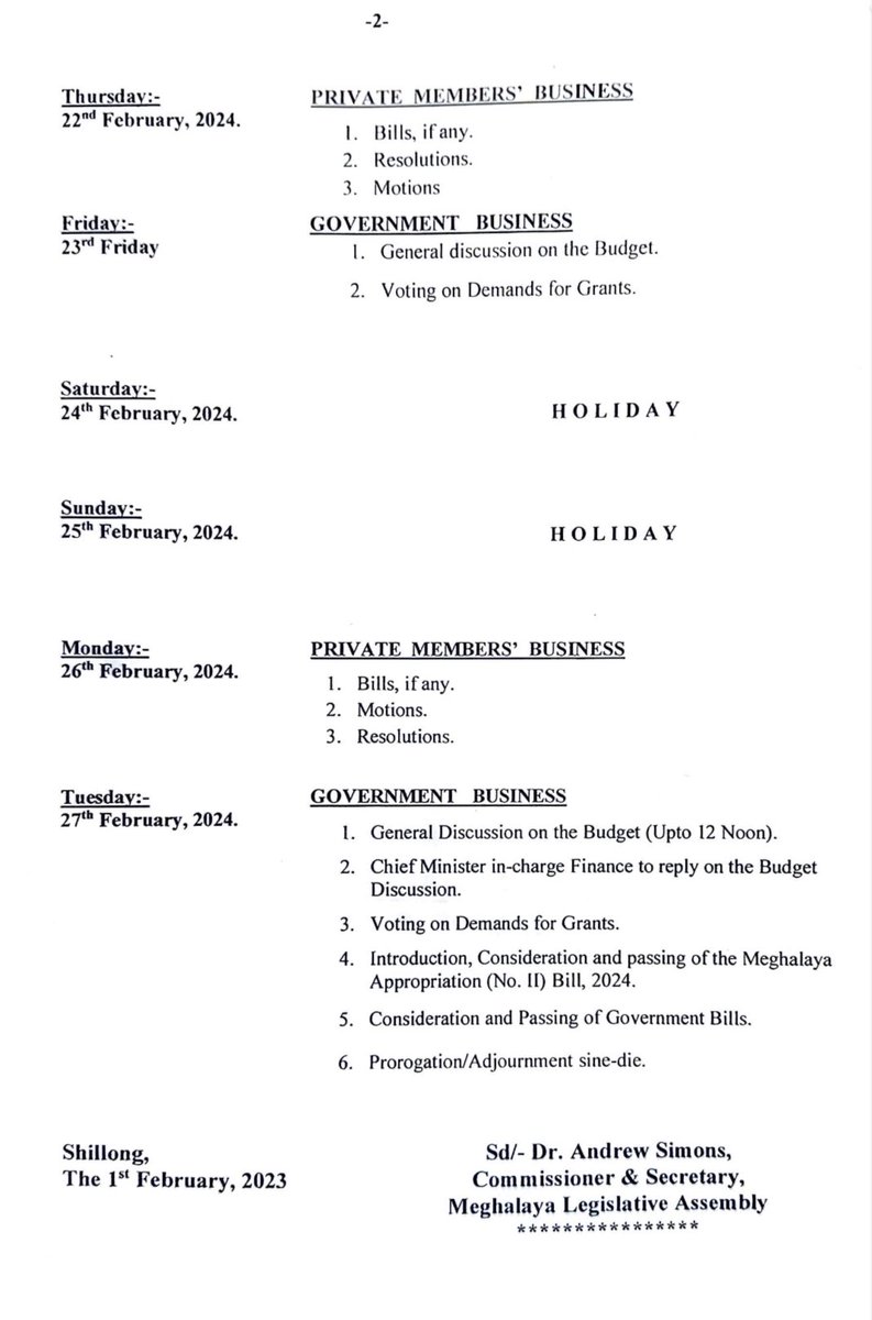 Calendar for upcoming Budget Session. 

5 days dedicated for Government’s Business, 3 days for Private Members’ Business

CM to present Budget Estimates for FY 2024-25 on Feb 21, 2024