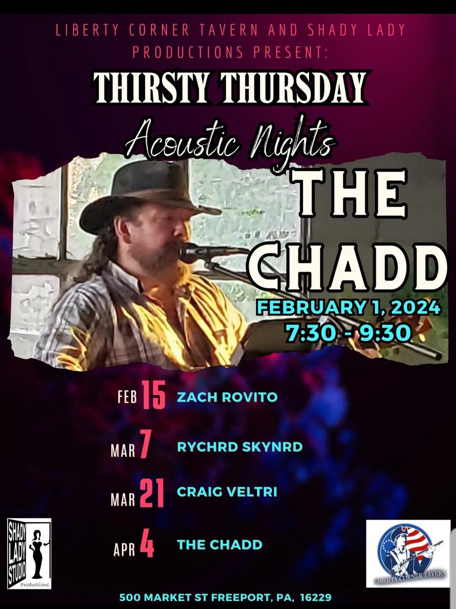 Thirsty Thursday Acoustic Night at Liberty Corner Tavern in Freeport featuring The ChadD. 7:30p start. #shadyladyproductions #libertycornertavern