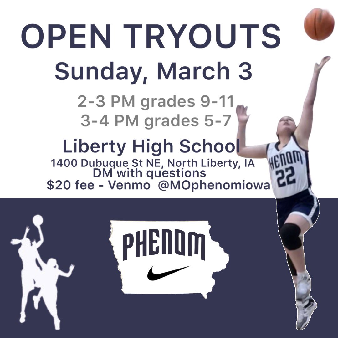 ***SPRING/SUMMER TRYOUTS***
• Sunday March 3 @ Liberty HS
     •2-3pm: 9-11 tryouts
     •3-4pm: 5-7th tryouts
• Sign up here: forms.gle/9NRWCXn4EPK5VJ…
• Short parent meeting following each session