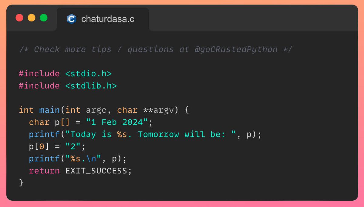 GoCRustedPython's tweet photo. Again a very minute change in earlier #Csnippet. Do you think it will change program behaviour as compared to last post #code ? https://t.co/eq3QQzFM5M