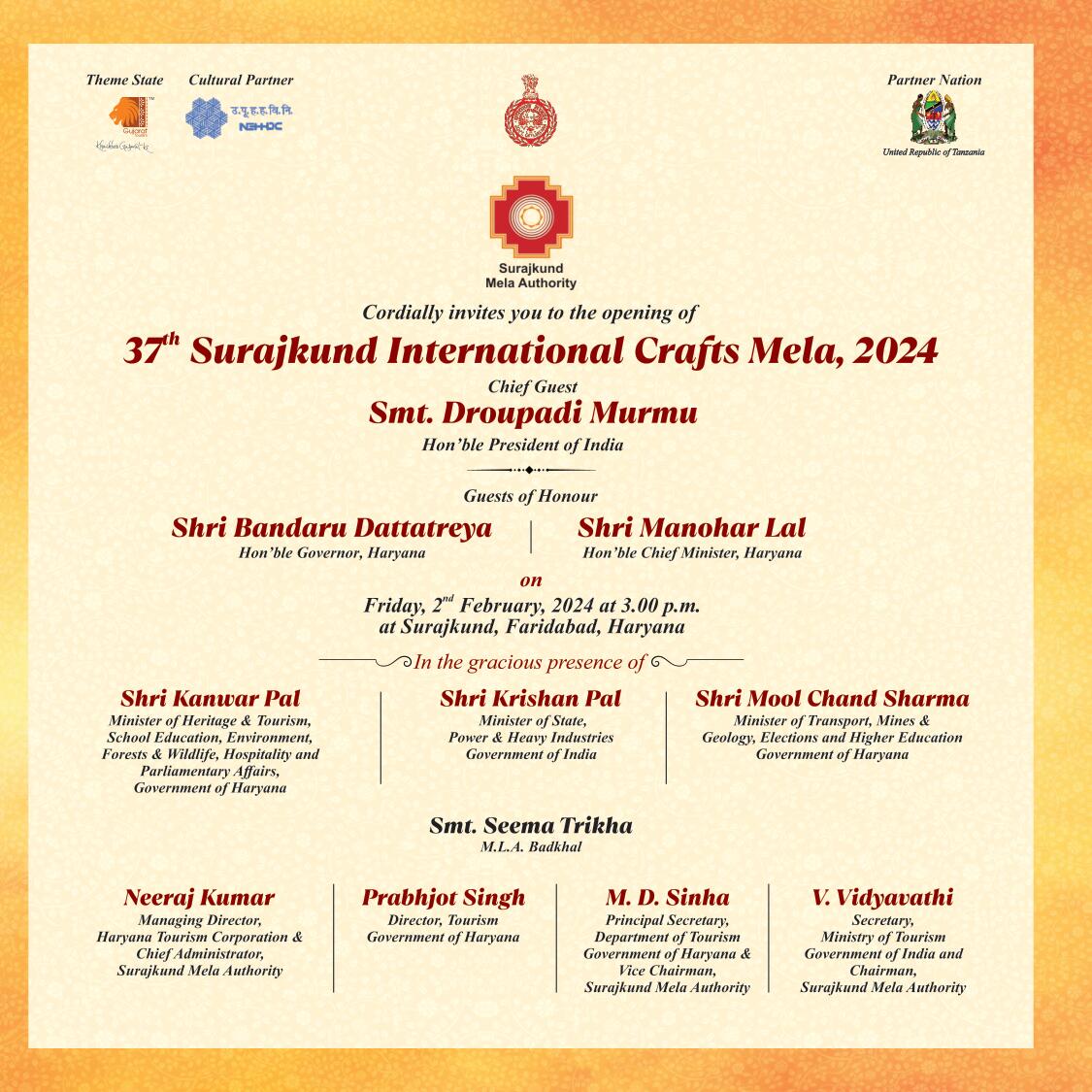 DIPRO_Faridabad's tweet photo. #Surajkund2024 | Hon'ble President Smt. Droupadi Murmu will inaugurate 37th Surajkund International Crafts Mela, 2024 on 2nd February, 2024 at 3 PM at Surajkund, Faridabad. https://t.co/ZENhugoQ2P