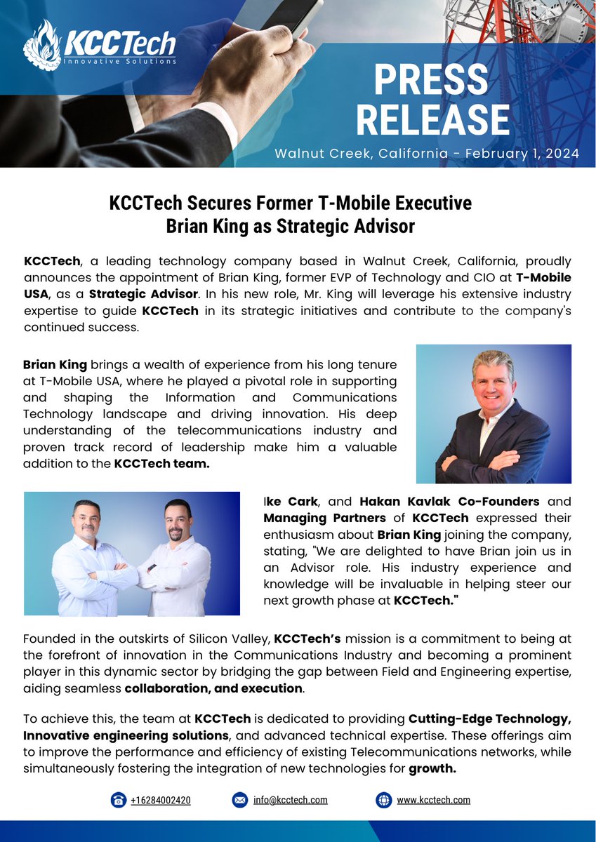 KCC_Tech's tweet image. Excited to announce the appointment of @BrianXTMO , former EVP of Technology and CIO at T-Mobile USA, as Strategic Advisor to KCCTech. Welcome aboard, Brian! #KCCTech #Innovation #Telecommunications #Technology