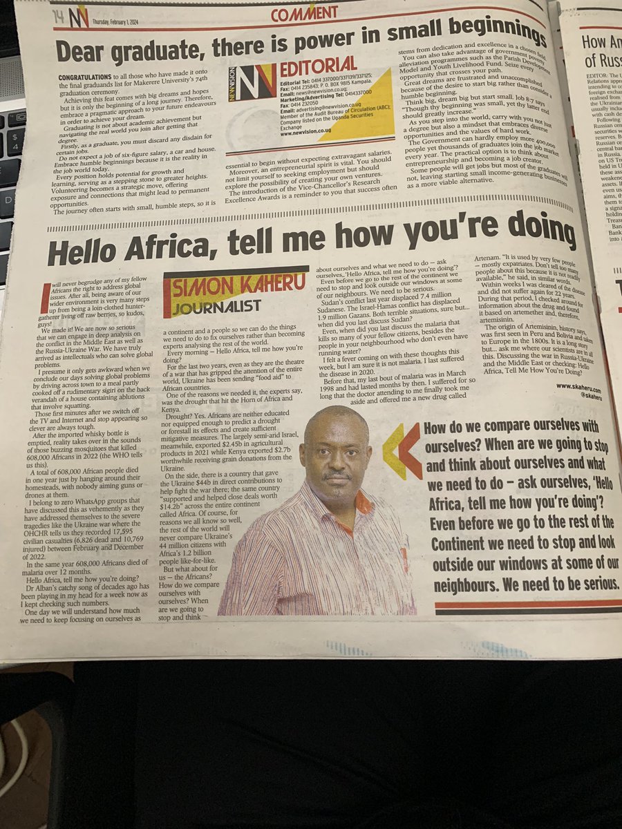 I think we all guilty as charged , thank you Mr. Kaheru for the wake up call. But wait , even amidst the war Ukraine is still sending “food aid” to the most gifted continent, Africa. - I feel challenged! In today’s @newvisionwire , article by @skaheru