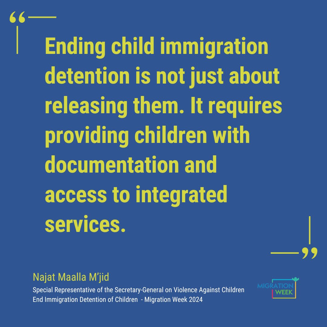 UN_EndViolence's tweet image. &quot; The detention of children based on their legal or migratory status should be banned in national legal frameworks.
A number of promising practices from countries across regions makes clear that change is possible &quot;

Najat Maalla M&apos;jid, SRSG VAC

#MigrationWeek