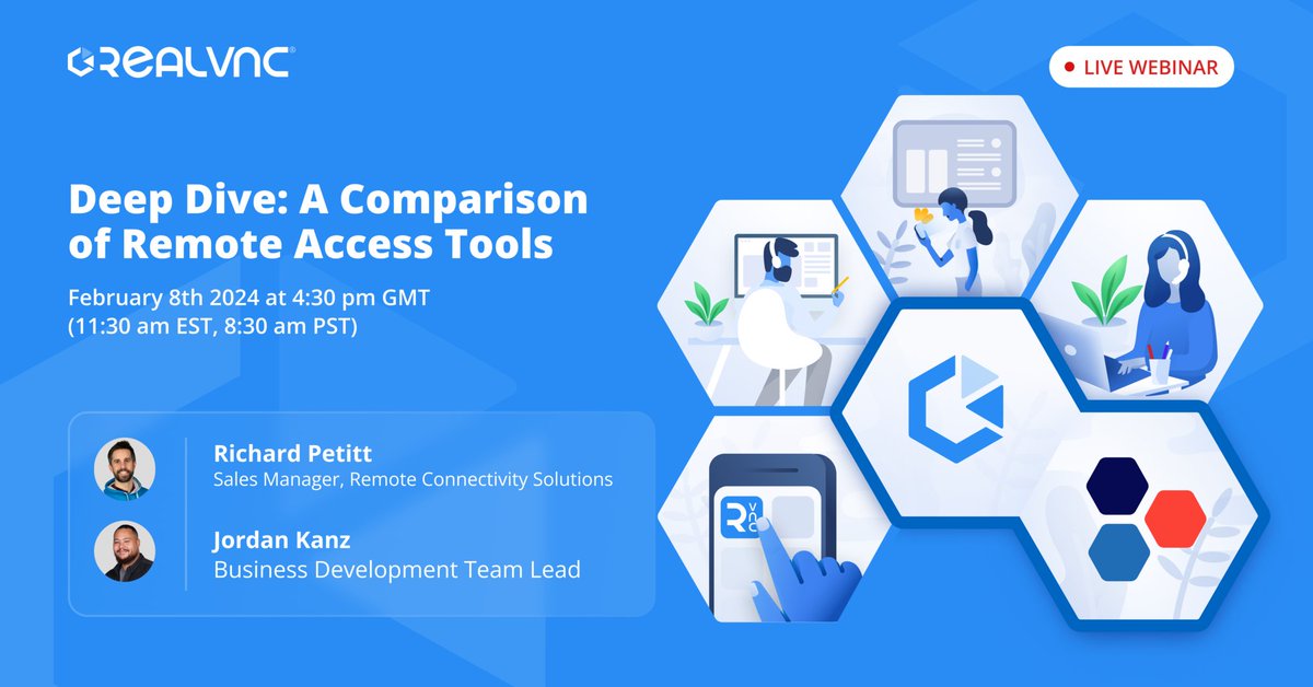 RealVNC's tweet image. Want to make informed decisions about remote access tools? Join us on Feb 8th, 2024, for a deep dive comparison of popular platforms like TeamViewer, AnyDesk, and Splashtop with our own RealVNC Connect. 

bit.ly/3u7kSh7
 
#RealVNC #RemoteAccessTools #Webinar
