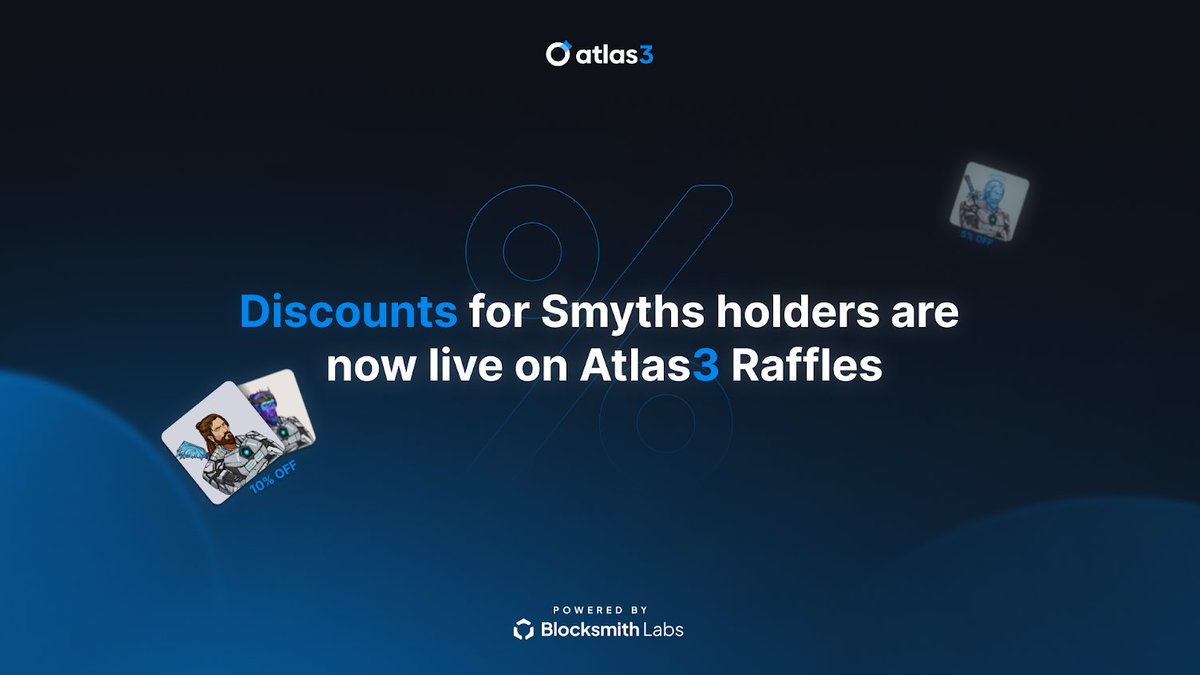 🆕Introducing: Smyths Holder Raffle Discounts! 

Each Smyth you hold will now grant you a 5% discount on all raffles on the Atlas3 Raffle Store, with the hard cap being a 35% discount (7 Smyths)🎟️

You'll want to hold a <a href="/SmythsNFT/">Smyths</a> once the bull kicks in.🫡