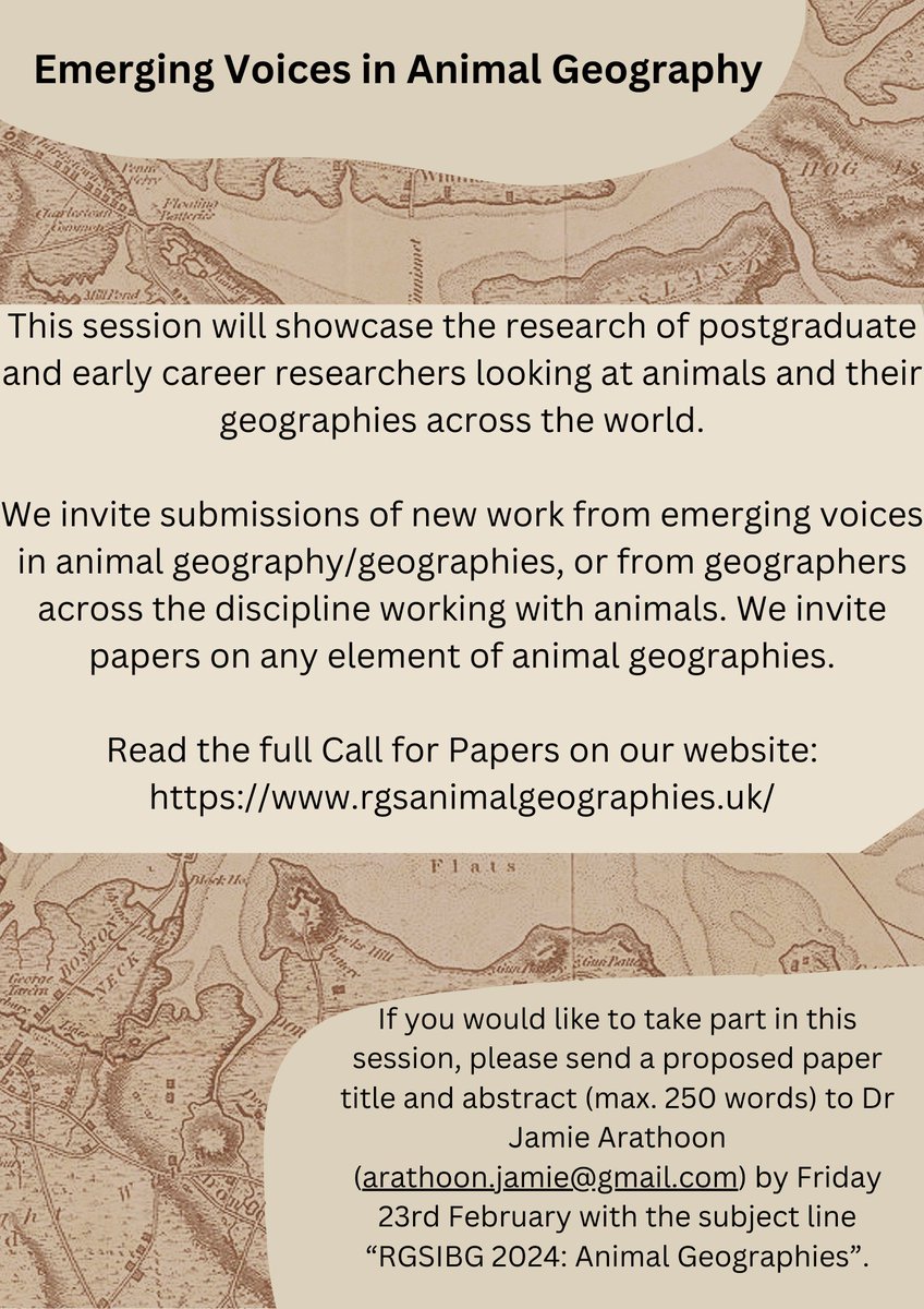 The AGWG is sponsoring a session convened by @JamieArathoon at the <a href="/RGS_IBG/">Royal Geographical Society (with IBG)</a> <a href="/RGS_IBGhe/">RGS-IBG Higher Ed</a> annual conference in London later this year. We're looking for emerging voices in animal geography to talk about their research! More details on the session here: rgsanimalgeographies.uk/the-blog/call-…