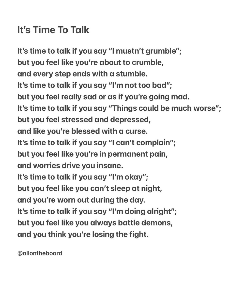 It’s Time To Talk Day, but every day should be a time to talk day. We need to be honest about mental health. Talking will help save lives. If you don’t feel like you can talk to people in your life there are many organisations you can talk to. 

#TimeToTalk #TimeToTalkDay