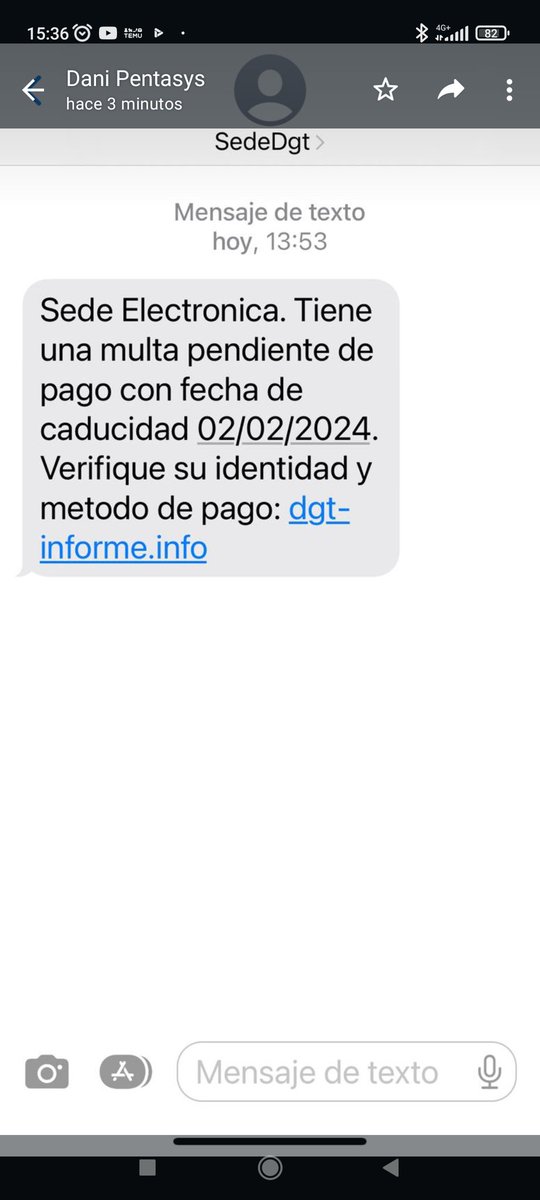 natbernalh's tweet photo. @DGTes hola! Están haciendo estafas por medio de este enlace enviado al móvil.  Por favor, reportenlo. Gracias https://t.co/qdFNx74kD4