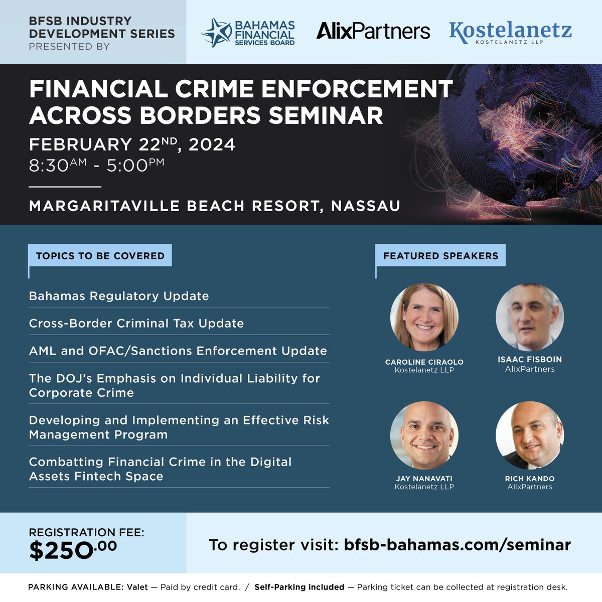 We are pleased to announce that we are partnered with Kostelanetz LLP and AlixPartners to host a one-day seminar under the theme: “Tax Enforcement Without Borders” in our BFSB Industry Development Series.

🚨 Agenda &amp; Registration (click here): bfsb-bahamas.com/seminar
