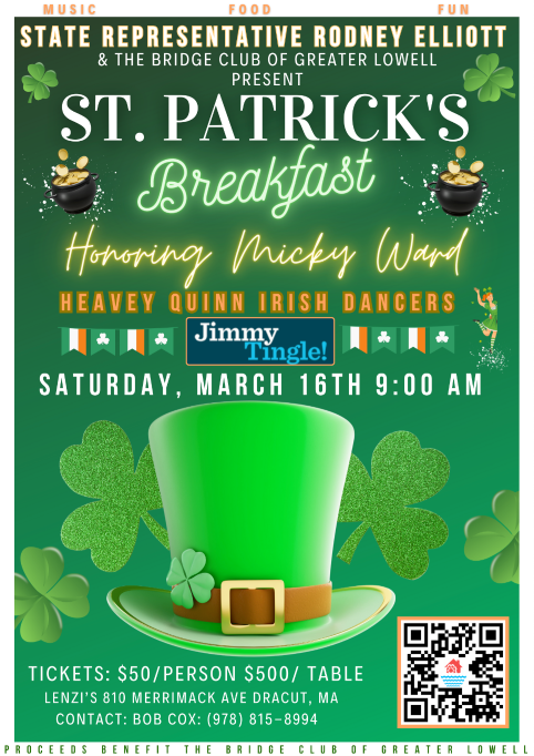 bridginglowell's tweet photo. 🍀 Get your green on! Join us for St. Patrick's Breakfast hosted by @RepRodneyElliott &amp; The Bridge Club of Greater Lowell on March 16th, 9 AM! Music, dance, and fun await. 🎶 #StPatricksDay #Lowell #CommunityEvent https://t.co/ldfPZjYCUl