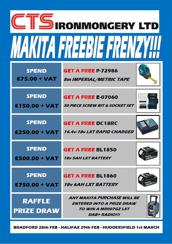 Exciting News for Tradespeople, Builders, and DIY Enthusiasts!
Mark your calendars because CTS Ironmongery Ltd is thrilled to announce the Makita Trade Show Day! Bradford: 28th February, Halifax: 29th February, Huddersfield: 1st March🛠️🛠️See you there!!!