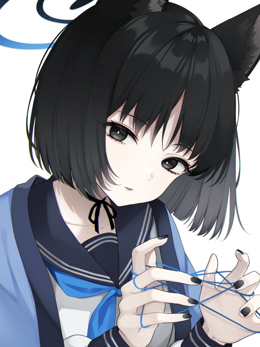 kikyou (blue archive) 1girl solo black hair animal ears halo white background sailor collar  illustration images