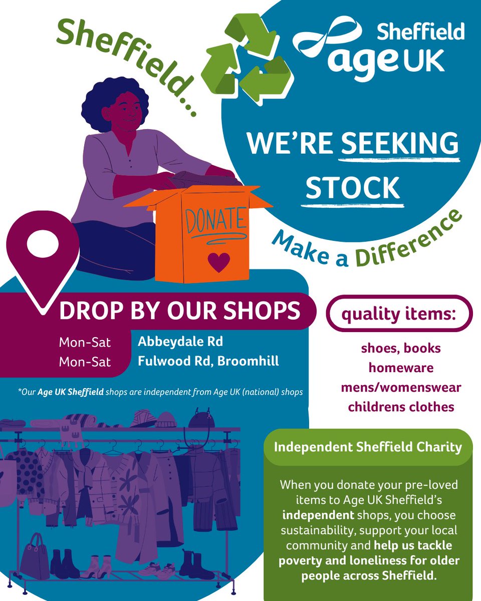 We're seeking stock!

Having a new year refresh? Please drop by our shops, donate your preloved items and help us support the older people of Sheffield.

Please share with your circles!

#sheffield #sheffieldcharity